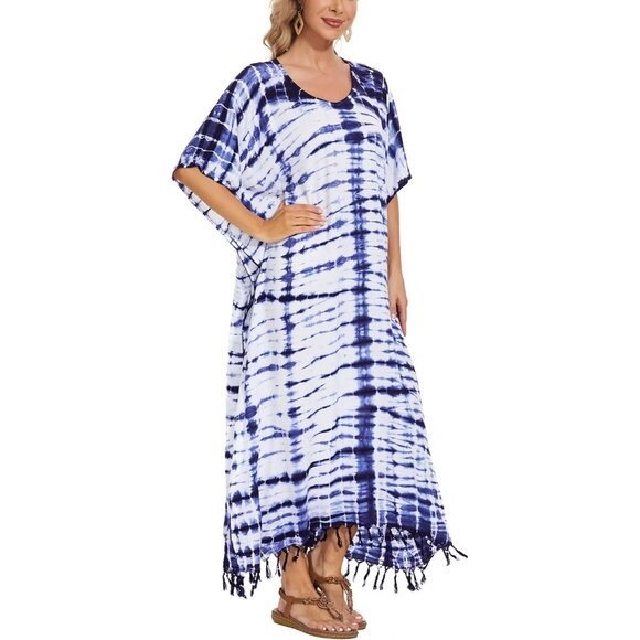 Women Tie Dye Caftan Maxi Dress Plus Size V-Neck Rayon Loungewear Casual - Picture 1 of 9